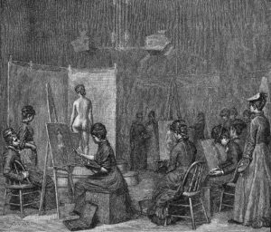 Amid controversy, women students at the Pennsylvania Academy of the Fine Arts were permitted by 1879 to draw from nude female models, as documented in this engraving by Alice Barber Stephens for Scribner’s Monthly. From Scribner’s Monthly, September 1879