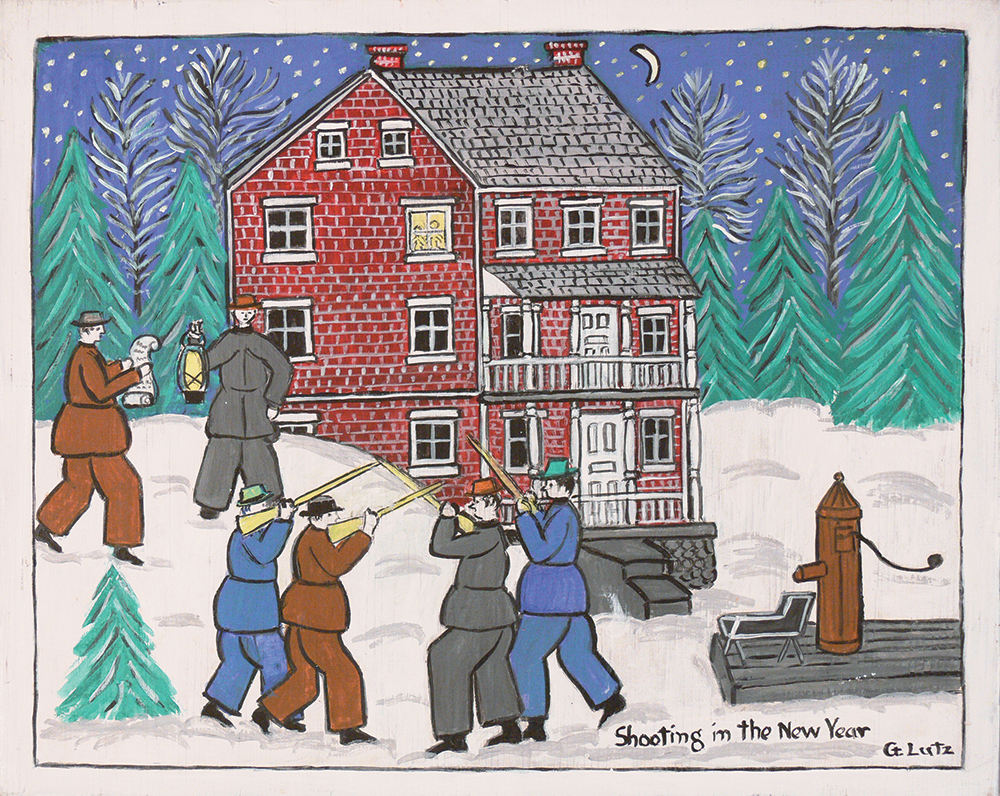 The folk art painting Shooting in the New Year by Gladys M. Lutz (1909–2007) depicts a nighttime visit to a local farm by a Neiyaahrswinscher (New Year’s wisher) delivering a lengthy wish, accompanied by shooters ready to fire their rifles into the air at the conclusion of the wish. Pennsylvania German Cultural Heritage Center, Kutztown University
