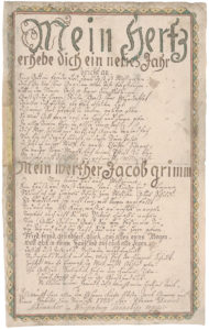 Rev. Daniel Schumacher of Weisenberg Township, Lehigh County, made this decorated manuscript New Year’s blessing for Jacob Grimm and family. The blessing contains an original New Year’s wish composed by Schumacher in 1782. Courtesy of the Philadelphia Free Library, Rare Book Department