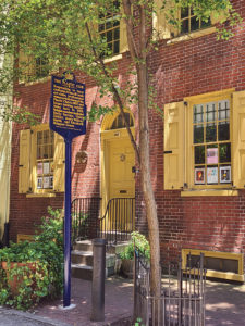 A Pennsylvania Historical Marker for the Plastic Club, dedicated in 2022, stands in front of the club building at 247 South Camac Street, Philadelphia. Photo, Patricia Likos Ricci