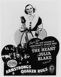 Julia Black as the Quaker Girl on a Quaker Rug broadside, circa 1938. LancasterHistory, Armstrong Archive