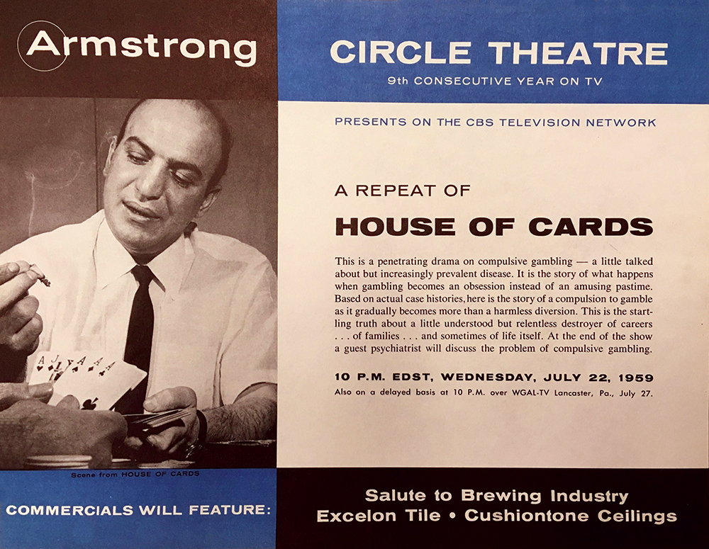 Telly Savalas starred in “House of Cards,” an Armstrong Circle Theatre docudrama exposing the destructive nature of compulsive gambling, July 22, 1959. LancasterHistory, Armstrong Archive