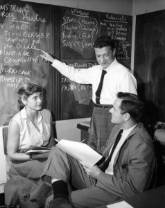 Armstrong Circle Theatre was produced by Talent Associates Ltd. Pictured here in this 1955 photograph by Gary Wagner are, left to right, Jacqueline Bobbin, script editor; David Susskind, executive producer; and Bob Costello, associate producer. LancasterHistory, Armstrong Archive