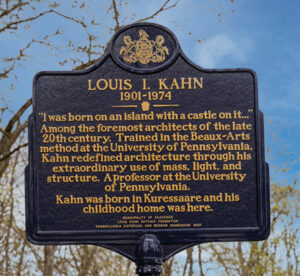 The English-language side of the Louis I. Kahn historical marker. Photo, Gunnar Laak / Louis Kahn Estonia Foundation
