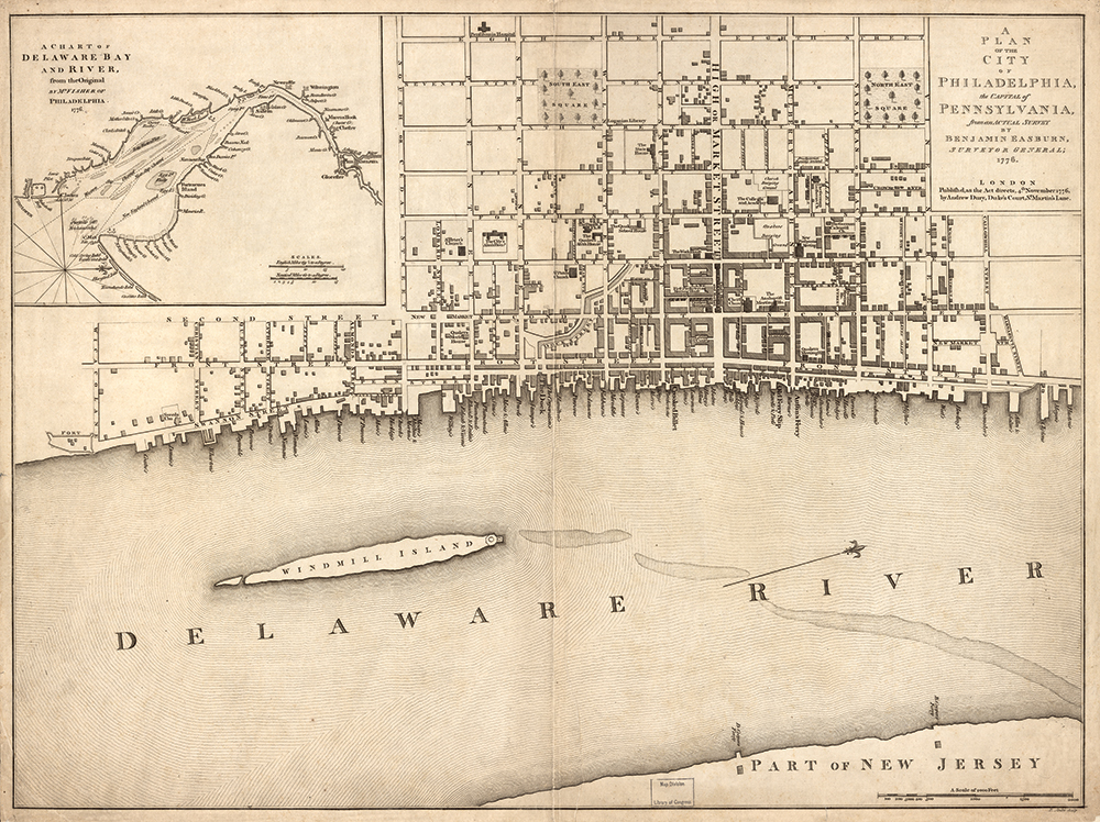This map, created in London by Andrew Dury in 1776, depicts Philadelphia as it appeared in Elizabeth Drinker’s lifetime. Today, little remains of the neighborhood where the Drinker family lived. Library of Congress Geography and Map Division
