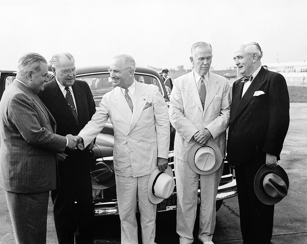 Marshall served as secretary of state under President Harry S. Truman from January 21, 1947, to January 20, 1949. Here, on August 13, 1947, Truman meets with Marshall and others at the National Airport in Washington, D.C., before their trip to Brazil for the Rio de Janeiro Conference of Foreign Ministers. Truman is shaking hands with Brazilian Ambassador to the U.S. Carlos Martins, with U.S. Representative to the United Nations Warren Austin between them. Marshall chats with Sen. Arthur Vandenberg, to the far right. National Archives and Records Administration