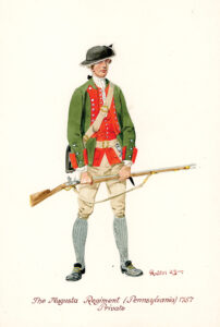 The 3rd Battalion of Pennsylvania Provincials, known as the Augusta Regiment, was formed to build and garrison Fort Augusta at the site of Shamokin. Twentieth-century artist Herbert Knoetel created this watercolor-on-paper depiction of a private in the 1757 uniform of the regiment. Courtesy of the West Point Museum Collection, United States Military Academy