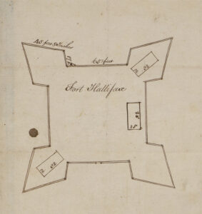 Fort Halifax was a 160-square-foot log stockade with four bastions. This 1756 plan is the only surviving period depiction of the fort. Collection of the Historical Society of Pennsylvania
