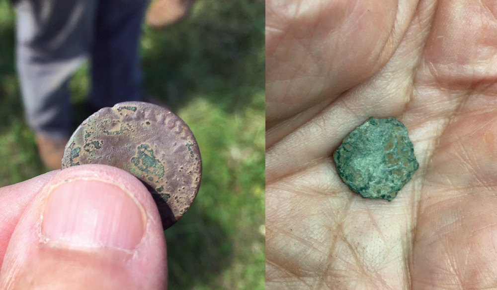 Left, A 1655 copper French liard at the moment of its discovery. Right, A 1580 silver liard à la croix found at Fort Halifax. Photos, Joe Baker