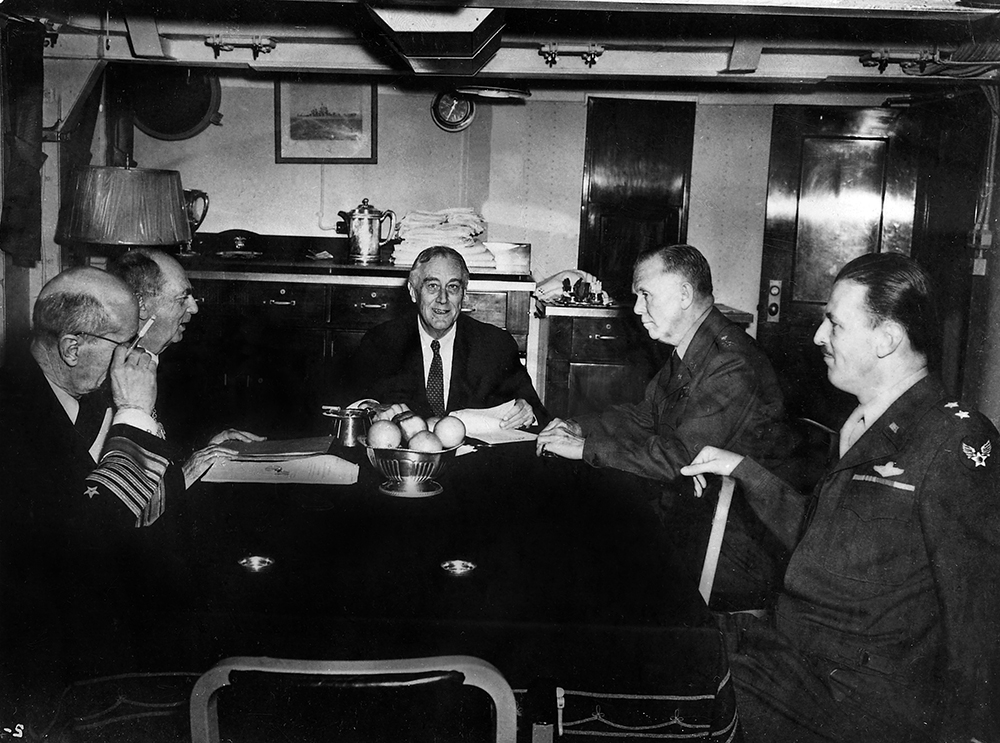 As chief of staff of the U.S. Army, Marshall worked closely with President Franklin D. Roosevelt during World War II. Here, FDR meets with the Joint Chiefs of Staff on the USS Quincy in Malta, February 2, 1945. To the left are Adm. William D. Leahy, chief of staff to the commander in chief, and Adm. Ernest J. King, commander in chief of the United States Fleet and chief of Naval operations. On the far right is Gen. Laurence S. Kuter, representing Gen. Henry H. Arnold, chief of the Army Air Forces. National Archives and Records Administration