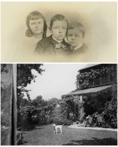 Top, George Marshall at about age 3, right, with sister Marie and brother Stuart. Bottom, Marshall was raised in this house in Uniontown, Pennsylvania, pictured here in 1902. In the yard is the family dog, “Danny.” Courtesy of the George C. Marshall Foundation, Lexington, Virginia