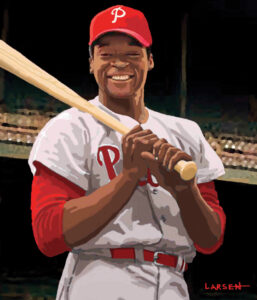 Dick Allen steps up to bat during his first stint with the Phillies in a portrait by Philadelphia illustrator Rob Larsen. Courtesy of Rob Larsen