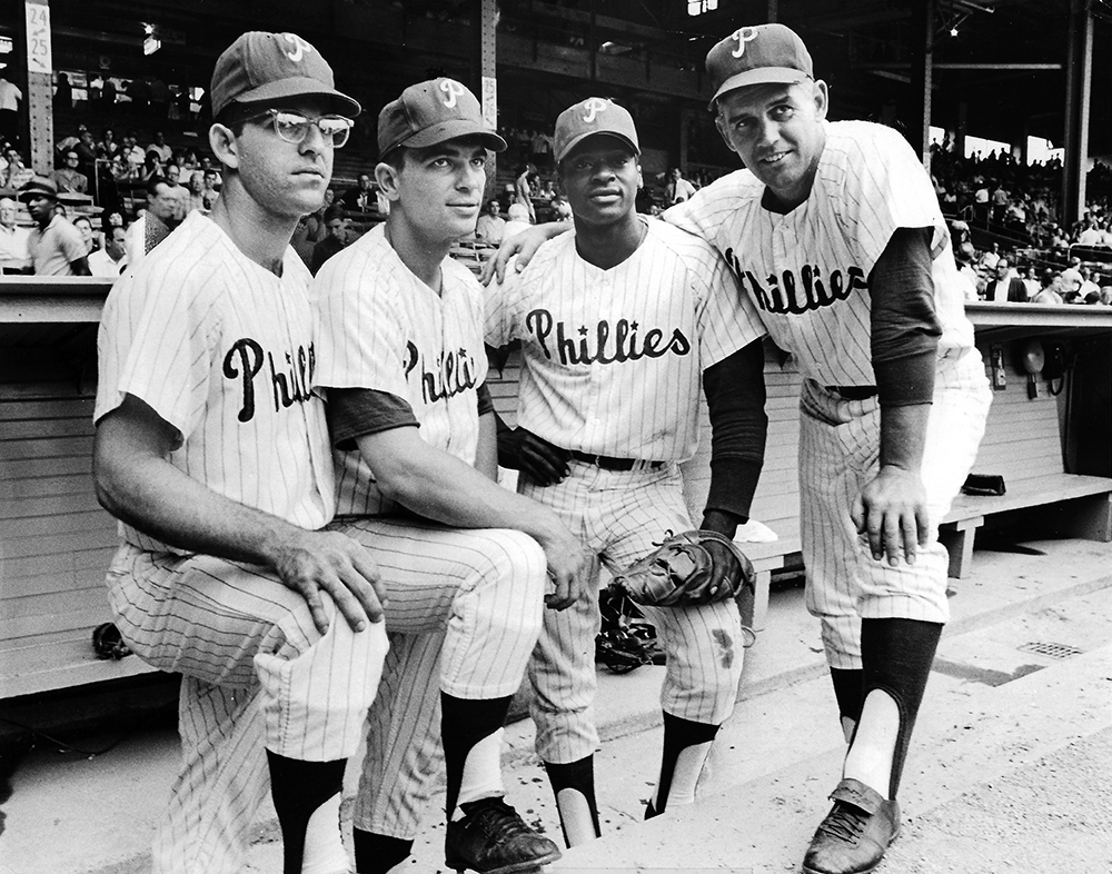 Allen in 1964 with Phillies teammates Cookie Rojas and Johnny Callison, to Allen’s left, and manager Gene Mauch, right. Courtesy of Richard Allen Jr.