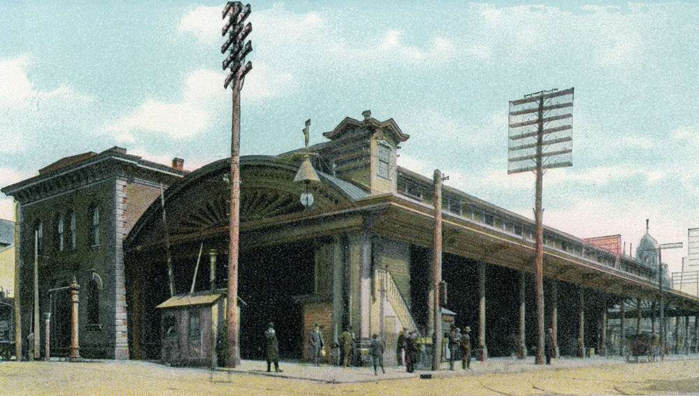 A pre-1906 postcard depicts the 1860 Pennsylvania Railroad station and trainshed at Queen and Chestnut streets in Lancaster. Collection of Dan Cupper