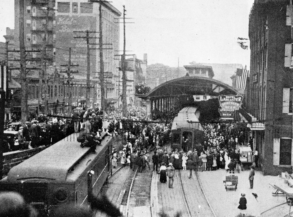 On May 25, 1918, hundreds of draftees marched from City Hall and the Lancaster County Courthouse to the station, surrounded by thousands of well-wishers. In all, 367 men from the city and county boarded a westbound train for Fort Meade, Maryland, departing about 10 a.m. en route to military training for World War I. Courtesy of LancasterHistory, Lancaster, Pennsylvania