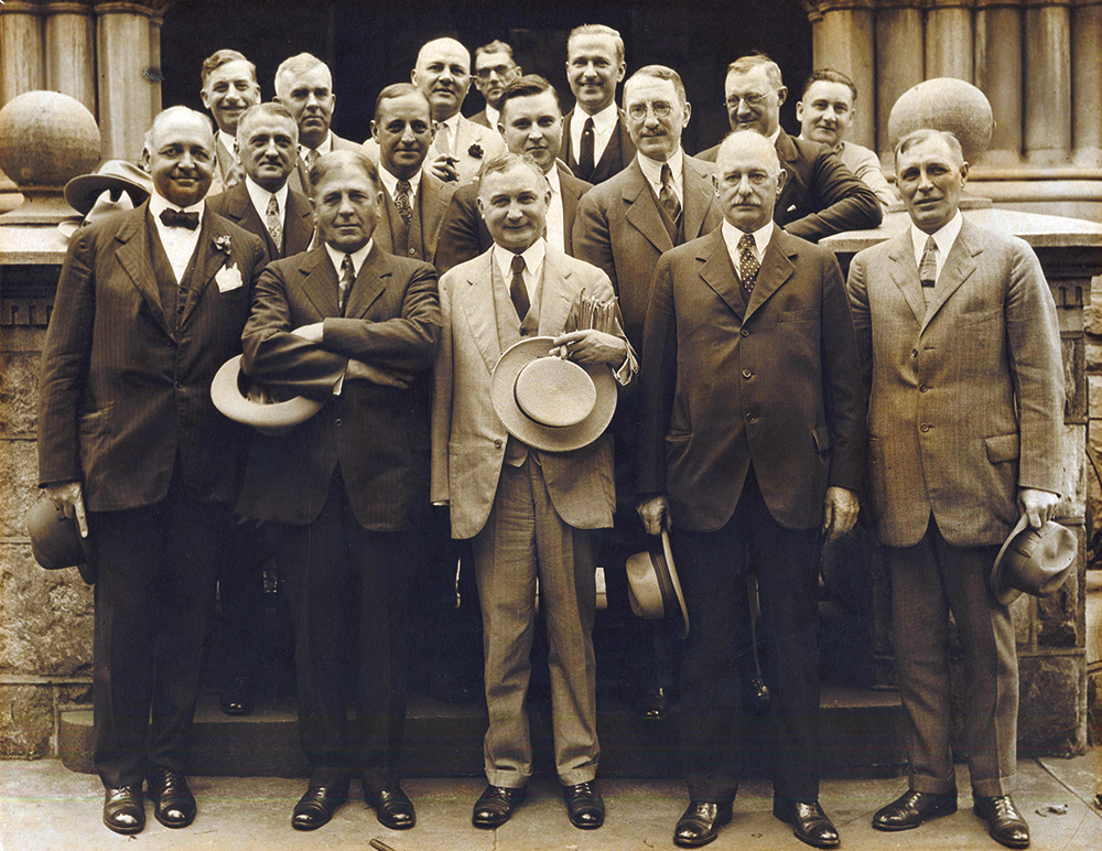 Mayor Frank C. Musser, front, in a light-colored suit, poses jubilantly with civic and PRR officials after the final September 17, 1926, meeting held at Lancaster’s Hamilton Club, at which everyone signed off on an agreement for a new station. Standing to the left of Musser (arms crossed) is PRR Vice President C.S. Krick, who, with the mayor, turned the first shovelful of earth at the groundbreaking. Courtesy of LancasterHistory, Lancaster, Pennsylvania