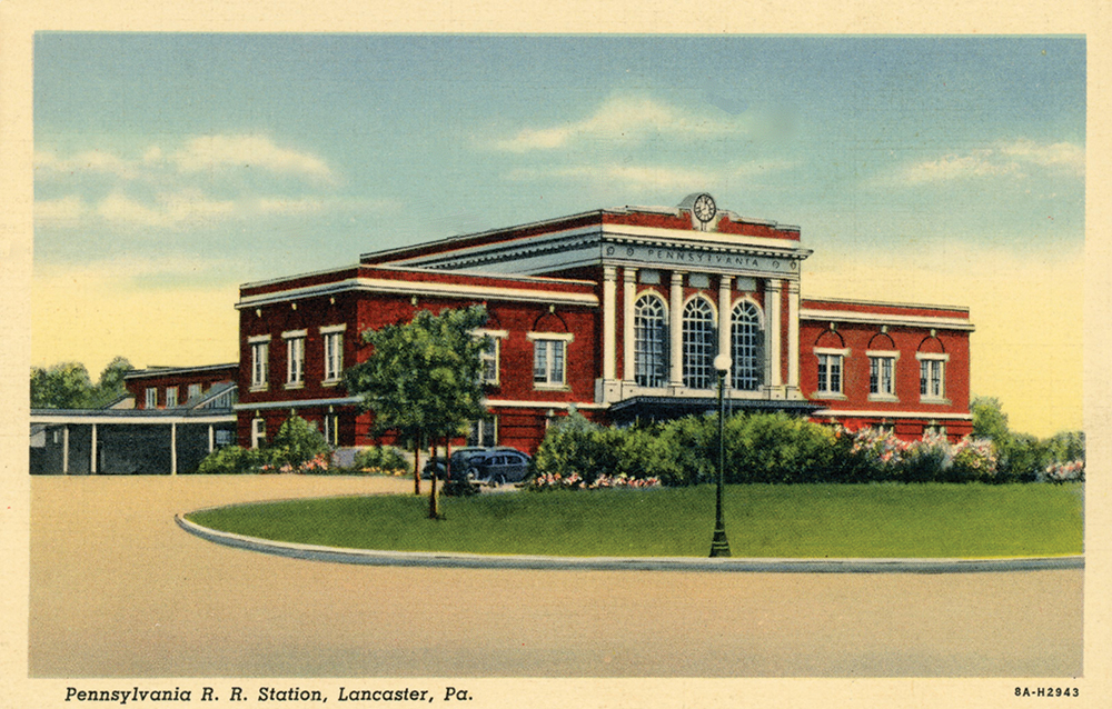 A 1938 Curt Teich postcard shows the facade of the 1929 Pennsylvania Railroad station in Lancaster. Collection of Dan Cupper