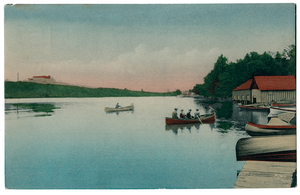 The natural spring-fed Eagles Mere Lake is the center of the Allegheny Mountain cottage resort founded in the late 19th century. This circa 1913 postcard view shows the south side of the lake. Pennsylvania State Archives, MG-213