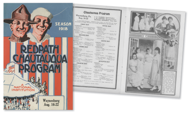 The Redpath Chautauqua Bureau published this program for the tent Chautauqua in Waynesburg, Greene County, August 16–22, 1918. Many of the lectures and performances were related to patriotism and America’s fight in World War I. Collection of Peter S. Seibert
