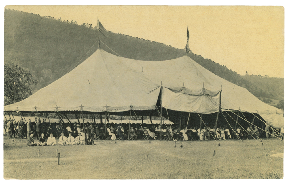 Tent, or circuit, Chautauquas traveled to rural areas. Organizers pitched tents, presented a roster of lecturers and performers for a few days, and then moved on to the next town. The tent Chautauqua pictured here took place in Westfield, Tioga County, in July 1913. Collection of Peter S. Seibert