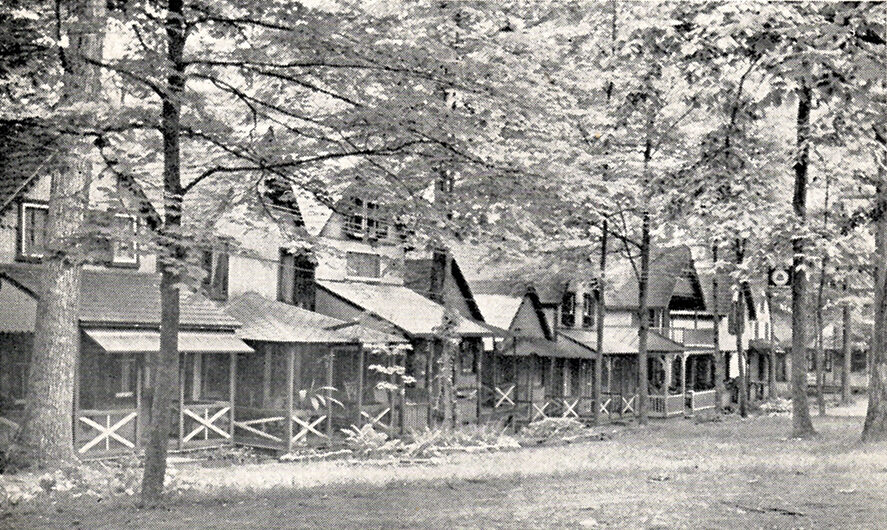 This postcard view of the south side of Perkasie Park’s campground square depicts a row of simple gablefront cottages with porches and relatively modest ornamentation. Courtesy of Perkasie Park Historical Foundation