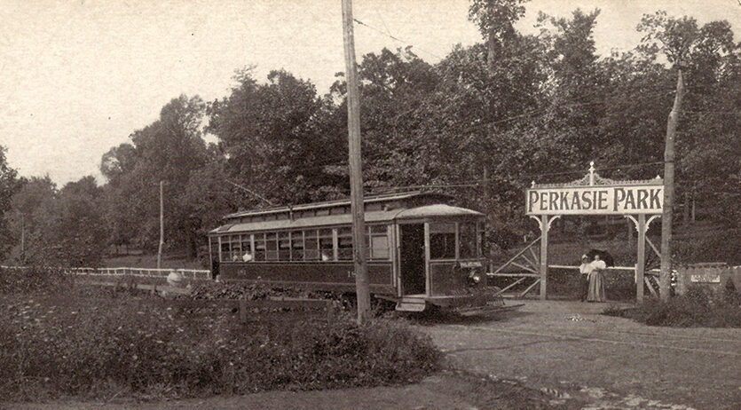 Due to the popularity of Perkasie Park, a stop was created on the Quakertown & Inland Traction Co. trolley line to provide regular access to campers. Courtesy of Perkasie Park Historical Foundation