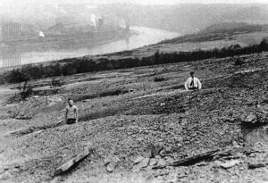 An early 20th-century view of smog-scarred land in Webster, across the Monongahela River from Donora. Donora Historical Society