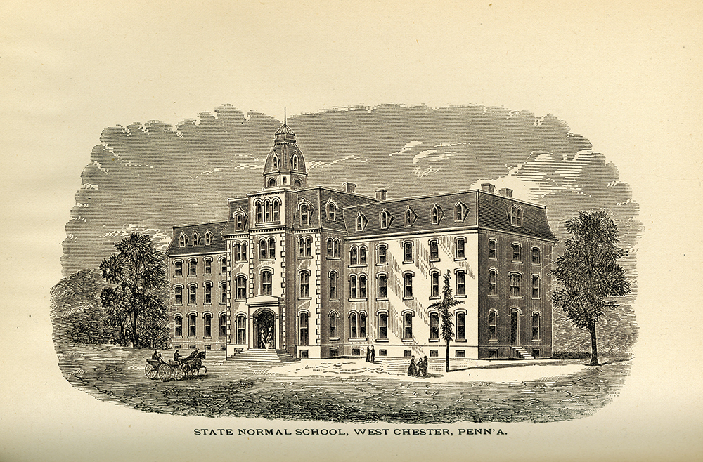 This engraving shows the original 1871 section of Main Hall, before the north and south wings were added. Special Collections, West Chester University