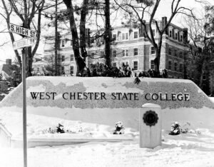 The new state college monument celebrated the institution’s enhanced status in 1960. The main dormitory was a reminder of its history. From the 1960 West Chester Undergraduate Catalog