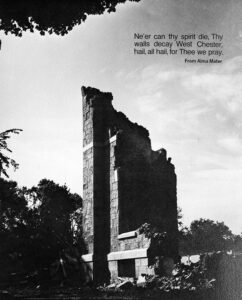 The centennial edition of the yearbook depicted the last portion of Old Main standing. From Serpentine, 1972