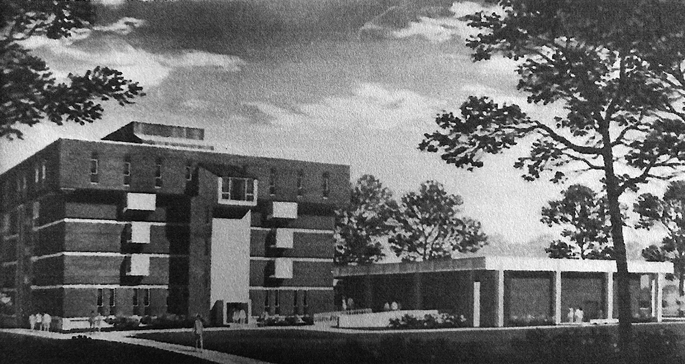 This artist’s drawing shows New Main’s quadrangle elevation with its attached one-story auditorium, April 1974. Special Collections, West Chester University
