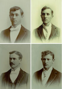 Several of Mansfield’s players who appeared at the night game went on to play football at Pennsylvania colleges including, top, left to right, brothers James and Albert Dunmore, who went to Penn State, and, bottom, left to right, Morton Jones and George Walbridge, who played for Lafayette. Mansfield University Archives