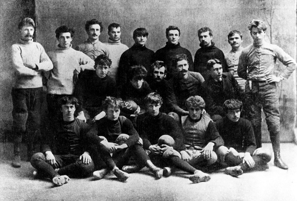 In this photo of Wyoming Seminary’s 1892 team, Thomas C. Jones appears in the front row, second from the left, and J. Gere Jayne is on Jones’ right. Jones and Jayne managed to move the ball 35 yards before the night game was called to an end. Wyoming Seminary