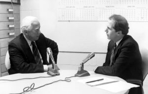 Popular historian David McCullough meets with PHMC Executive Director Brent D. Glass for an interview that was published in the Summer 1994 edition of Pennsylvania Heritage. Pennsylvania Heritage file photo