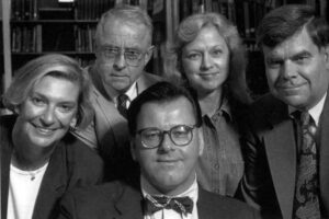 The editorial staff of Pennsylvania Heritage in 1994: clockwise from front center are Michael J. O’Malley III, editor; Suzanne McInerney, assistant editor; Louis M. Waddell, associate editor; Kimberly L. Krammes, photo editor (later art director); and Harold L. Myers, assistant editor. Pennsylvania Heritage file photo