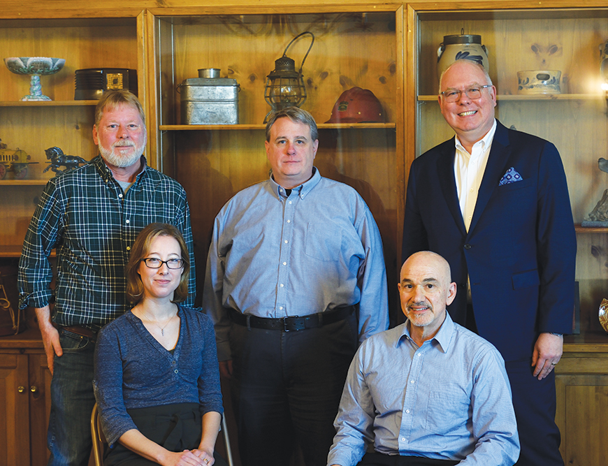 PHMC’s Division of Marketing & Media, front row, Lauren Bennett, art director; Kyle Weaver, editor; back row, Don Giles, staff photographer; Sean Adkins, digital director; and Howard Pollman, director of external affairs and division chief. Photo, Pennsylvania Historical & Museum Commission