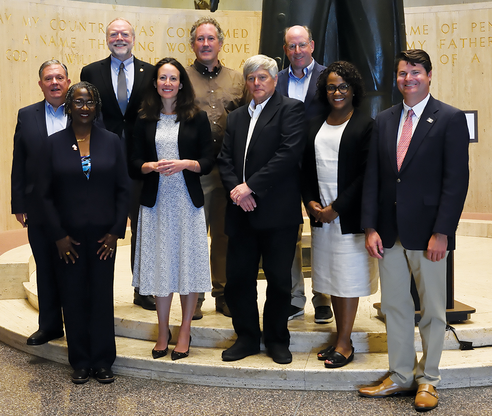 The nine citizen commissioners of the Pennsylvania Historical & Museum Commission are, front row, left to right, Allison Dorsey, Hayley Haldeman (chair), Robert Malley, Kim Bracey and Caleb Pifer, and back row, left to right, William Lewis, Andrew Masich, Randell Spackman, and Ken Weinstein. Photos, Pennsylvania Historical & Museum Commission