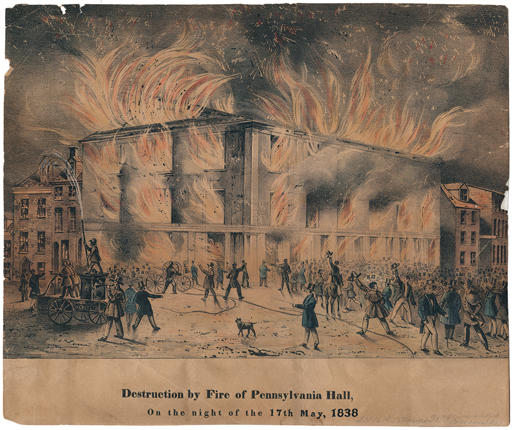 Pennsylvania Hall in Philadelphia was built in 1837–38 as a venue for lectures by abolitionists, women’s rights advocates, and other reform movement speakers. Four days after it opened, the hall was set ablaze by antiabolitionists and was destroyed. Library Company of Philadelphia