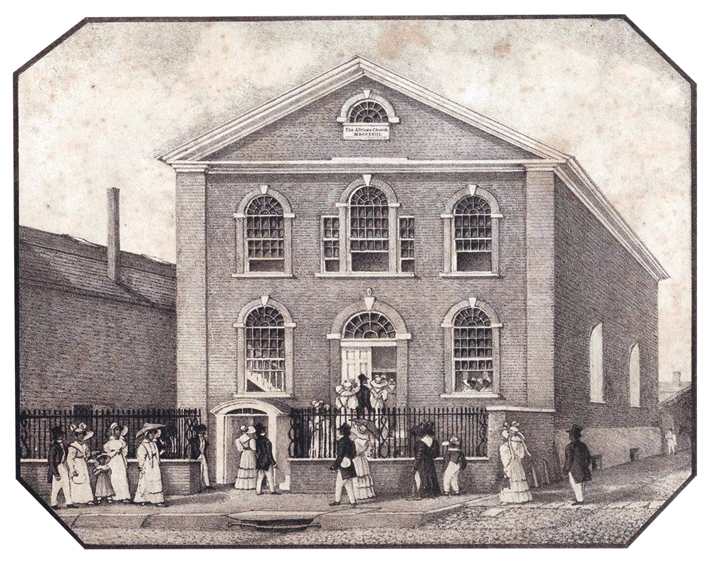 Forten was an active member of the African Episcopal Church of St. Thomas in Philadelphia. He was wed to Charlotte Vandine there in 1806, with Absalom Jones officiating. This Kennedy & Lucas lithograph from a drawing on stone by W. L. Breton depicts the church on a Sunday morning in 1829. Library Company of Philadelphia