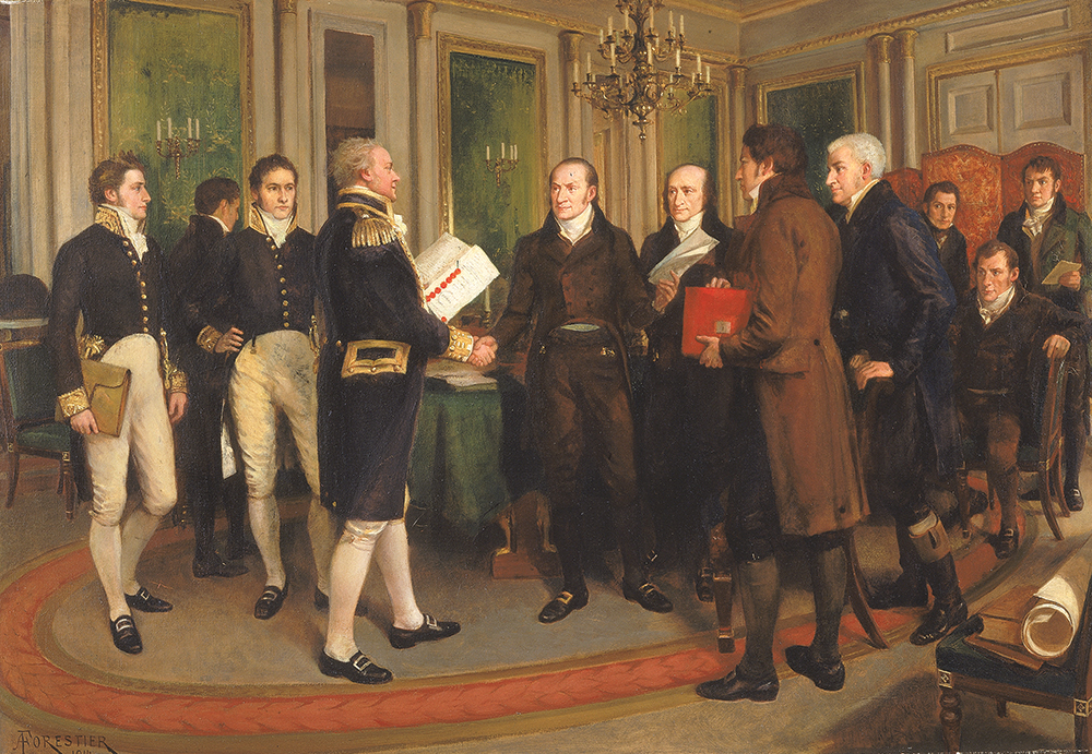 In The Signing of the Treaty of Ghent, Christmas Eve, 1814, artist Amédée Forestier depicted treaty delegates agreeing to the final terms that ended the War of 1812, with the leading American delegate, John Quincy Adams, shaking hands with British leader James Lord Gambier. Gallatin, one of the five American delegates, can be seen to the right of Adams, under the chandelier. Smithsonian American Art Museum (Gift of the Sulgrave Institution of U.S. and Great Britain)