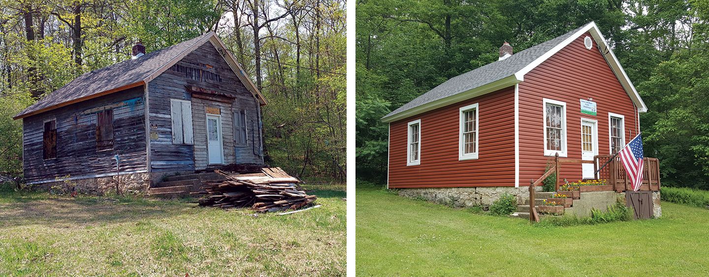 The Frantz One-Room Schoolhouse, before and after restoration. Courtesy of Tony and Renee Giordano