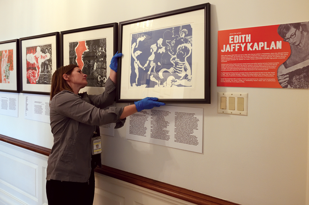 Voices of the Revolution, a 1967 portfolio of 15 color woodcut prints by Philadelphia artist Edith Jaffy Kaplan, was exhibited at the Pennsylvania Governor’s Residence to commemorate the postwar Civil Rights Movement. Photo, Pennsylvania Historical & Museum Commission