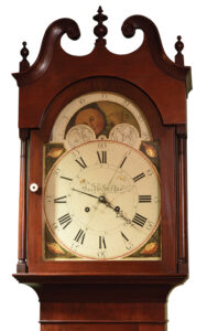 The younger Jacob Gorgas created this 8-day brass movement clock in 1813 and signed his name on the dial. The Federal-style case is made of cherry with walnut accents. Collection, Dan Sweigert; photos, Pennsylvania Historical & Museum Commission