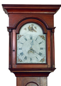 Thought to have been made by Benjamin Gorgas, this 30-hour clock is enclosed in a case that has a bonnet similar to the one housing the 30-hour clock made by the younger Jacob Gorgas. Collection, George Douglas Gehr; photos, Pennsylvania Historical & Museum Commission