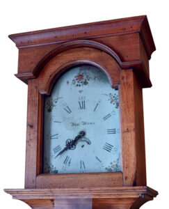 With his shop on the Ephrata Cloister property, Abel Witwer built this 30-hour clock and may have also constructed the flat-top case. Collection, Historical Society of the Cocalico Valley; photos, Pennsylvania Historical & Museum Commission