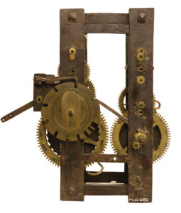 The movement of Ephrata Cloister’s “tower clock” is believed to have been made in 1735 by Christopher Witt and was originally mounted on a wooden frame with a wooden face in the 18th century, possibly on the tower of the Zion Monastery. Collection, Ephrata Cloister; photo, Pennsylvania Historical & Museum Commission