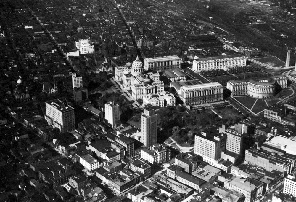 Kuhnert approached aerial photography with an artist's eye and thought his portrayal of Harrisburg's capitol complex was the best view he ever made. Pennsylvania State Archives, MG-281