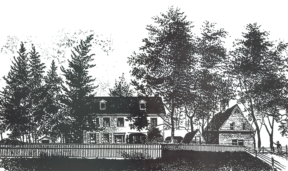 An etching published in 1858 depicted the Robert Crozier house and William Penn's original brewhouse at Pennsbury Manor. Pennsbury Manor