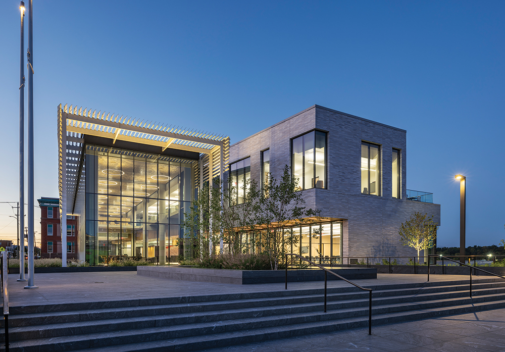 The main entry to the Pennsylvania State Archives building in Harrisburg shows the large expanses of glass to let natural light into the public and staff areas. Photo, Albert Vecerka
