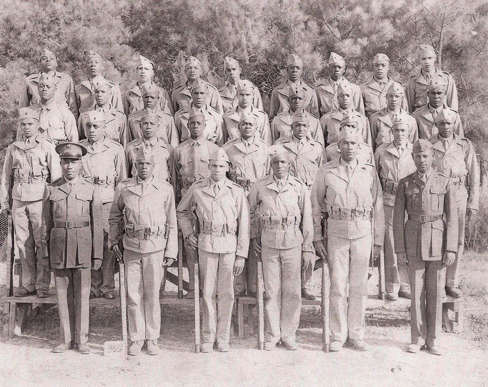 Thomas Mosley, second row, fourth from left, was assigned to the 365th Platoon, 5th Marine Ammunition Company, 5th Marine Division. Other Pennsylvanians in the platoon included Leonard Mayo of Morton, second row, second from right; Randall Nelson of Doylestown, third row, third from left; William Martin of Philadelphia, third row, second from right; and Walter Studevent of Bethlehem, fourth row, fifth from left. Eugene S. Mosley Collection